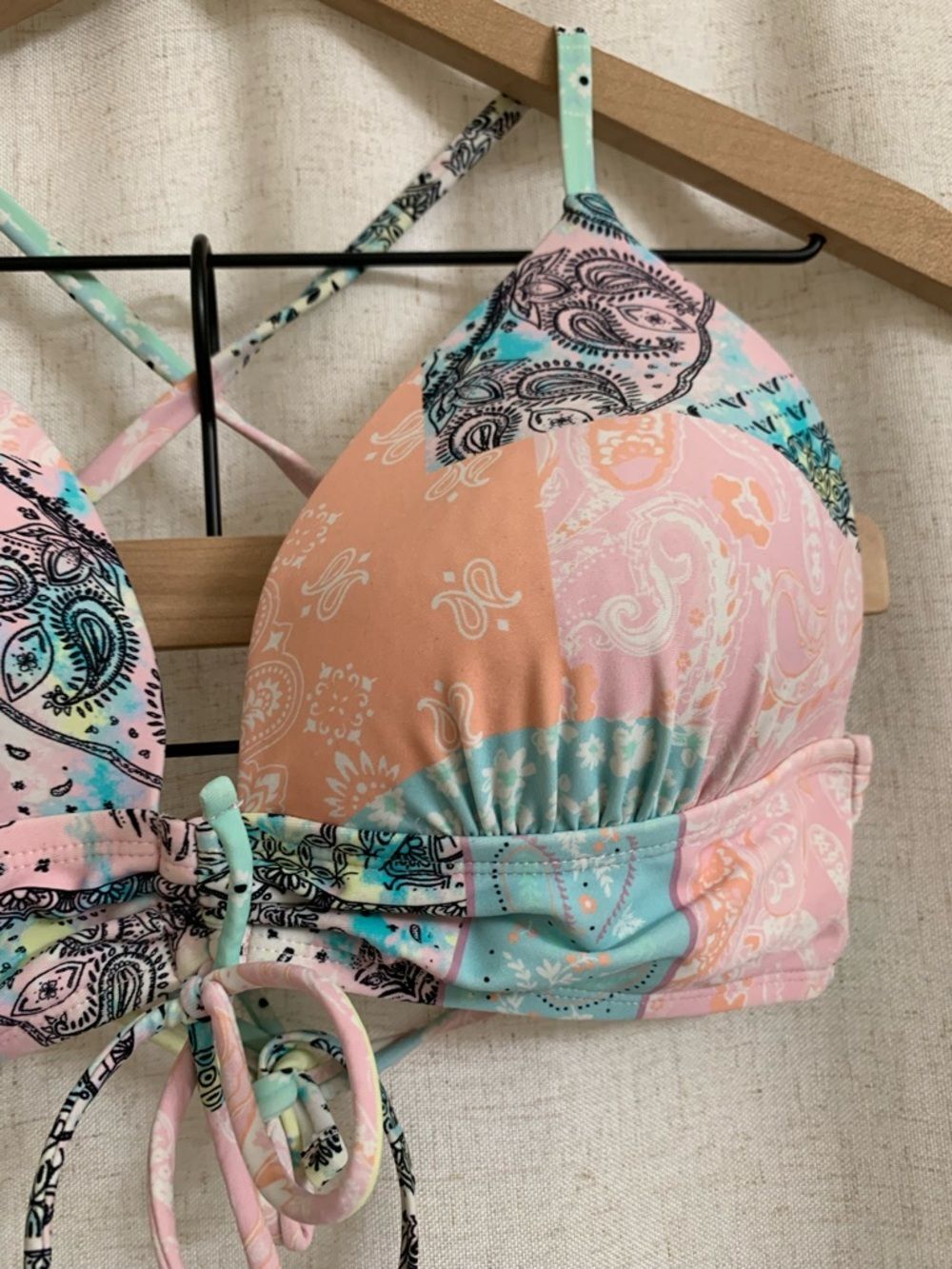 Salt + Cove Pastel Patchwork Push Up Tie Front Swim Top Pink Aqua Midkini D/DD - Picture 3 of 7